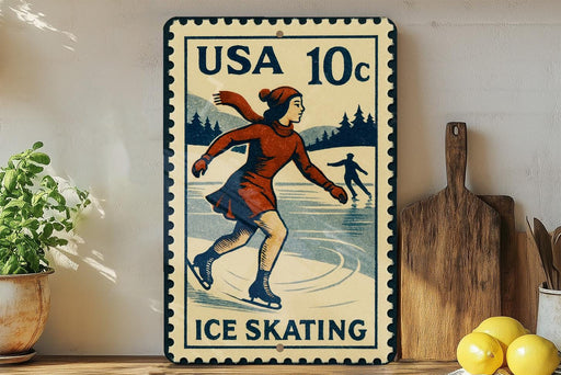 A vintage-style postage stamp featuring a woman ice skating, with the text "USA 10c" and "ICE SKATING" printed on it. The stamp is displayed on a shelf next to a wooden cutting board and a potted plant.