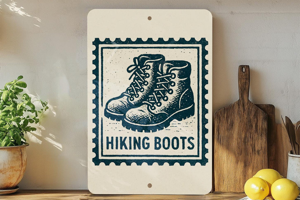 A sign with the text "HIKING BOOTS" and an illustration of hiking boots, placed on a wooden surface next to a wooden cutting board and some lemons.