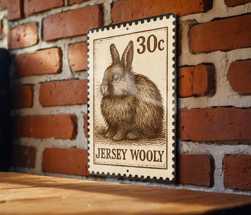 A wooden table with a brick wall in the background, and a rectangular metal sign featuring a rabbit illustration and the text "30c JERSEY WOOLY" hanging on the wall.