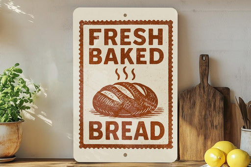 a sign that reads "Fresh Baked Bread" with a picture of a loaf of bread on it. The sign is placed on a shelf next to a wooden cutting board and a potted plant.