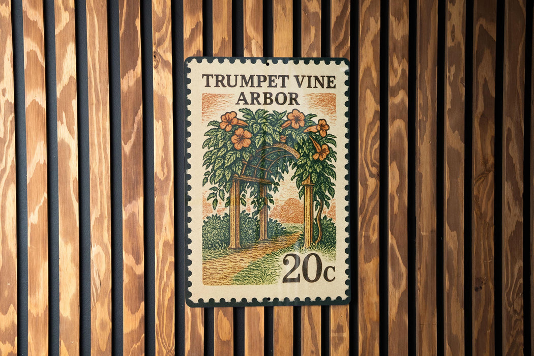 A 20c stamp from the country of Romania, featuring an illustration of a garden with a wooden trellis and flowers.