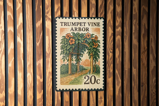 A 20c stamp from the country of Romania, featuring an illustration of a garden with a wooden trellis and flowers.
