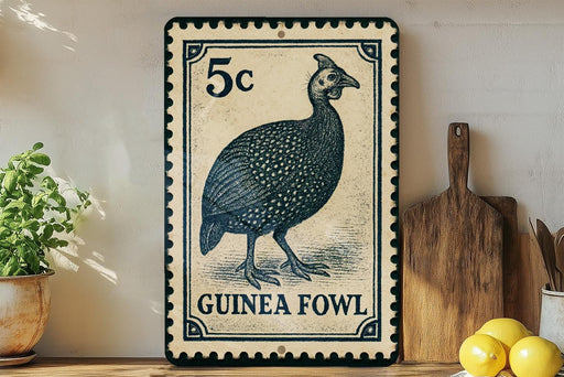 A decorative metal sign featuring a detailed illustration of a guinea fowl, with the text "GUINEA FOWL" printed on it. The sign is placed on a shelf next to a wooden cutting board and a potted plant.