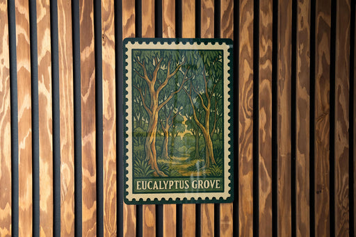 a framed illustration of a forest scene with the text "EUCALYPTUS GROVE" on the frame.