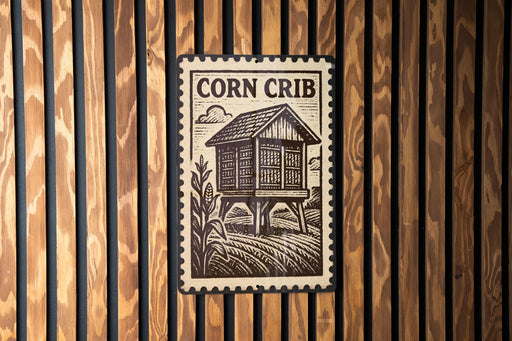 a wooden wall with a metal sign featuring a house and a corn crib.