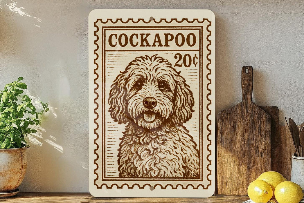 a wooden sign with a dog illustration, placed on a shelf next to a wooden cutting board and some lemons.