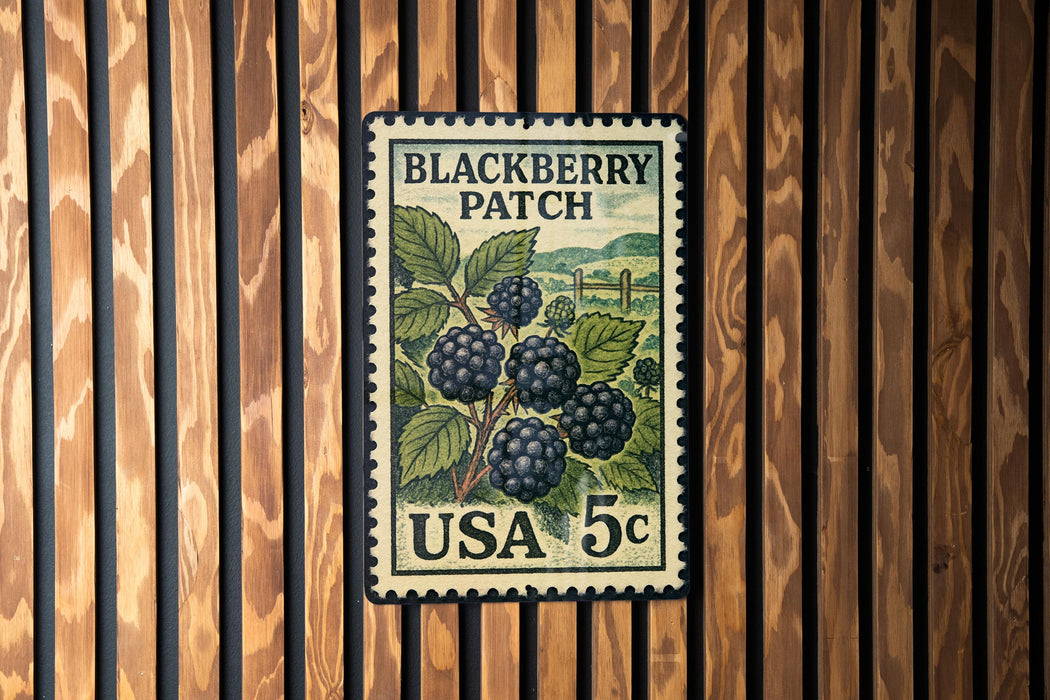 A vintage postage stamp featuring a blackberry patch, with the text "BLACKBERRY PATCH" and "USA 5c" printed on it.