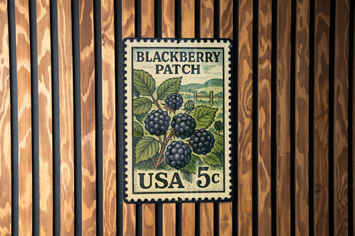A vintage postage stamp featuring a blackberry patch, with the text "BLACKBERRY PATCH" and "USA 5c" printed on it.