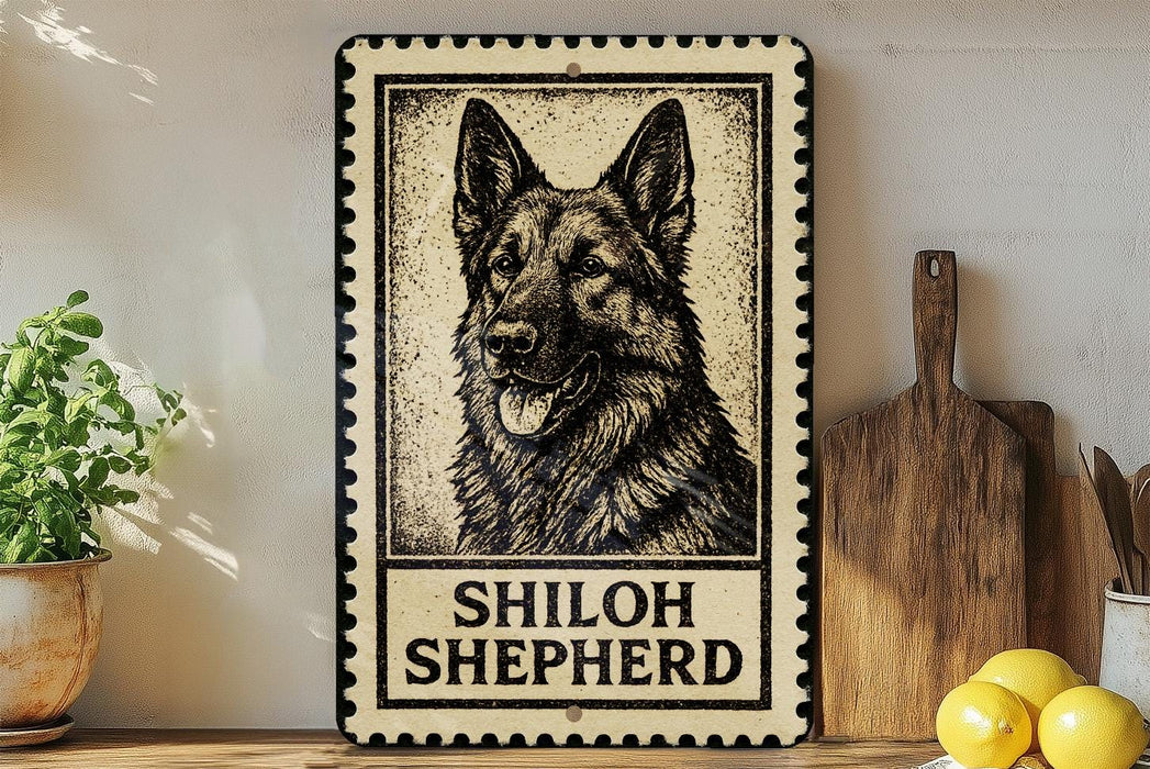A metal sign featuring a black and white illustration of a German Shepherd dog, with the text "SHILOH SHEPHERD" below the image.