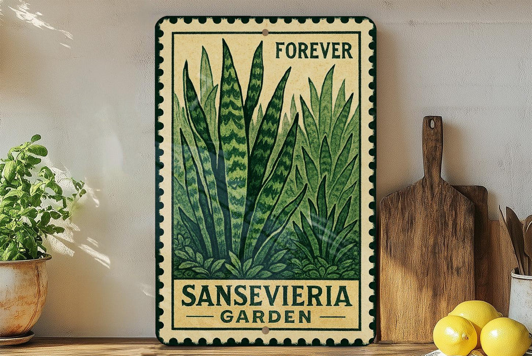 a metal sign with a plant illustration, placed on a shelf next to a wooden cutting board and some potted plants.
