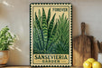 a metal sign with a plant illustration, placed on a shelf next to a wooden cutting board and some potted plants.