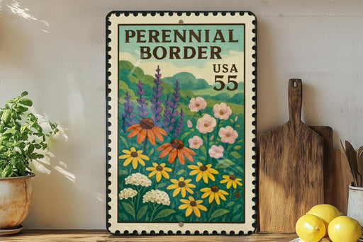 A framed print of a postage stamp depicting a colorful garden scene with flowers and plants, placed on a wooden surface next to a wooden cutting board and some lemons.