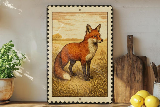 a framed illustration of a fox standing in a grassy field, with a wooden cutting board and a potted plant to the left of the frame.