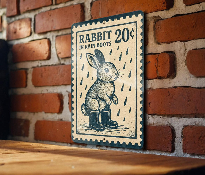 A sign on a brick wall that reads "RABBIT 20¢ IN RAIN BOTS" with an illustration of a rabbit wearing rain boots.