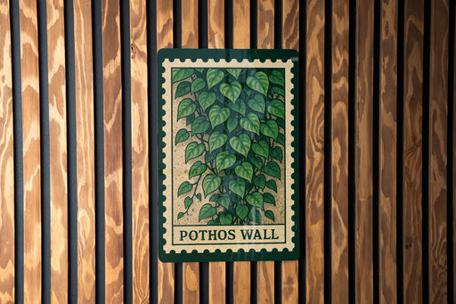 A green and white sign with a plant illustration is mounted on a wooden wall.