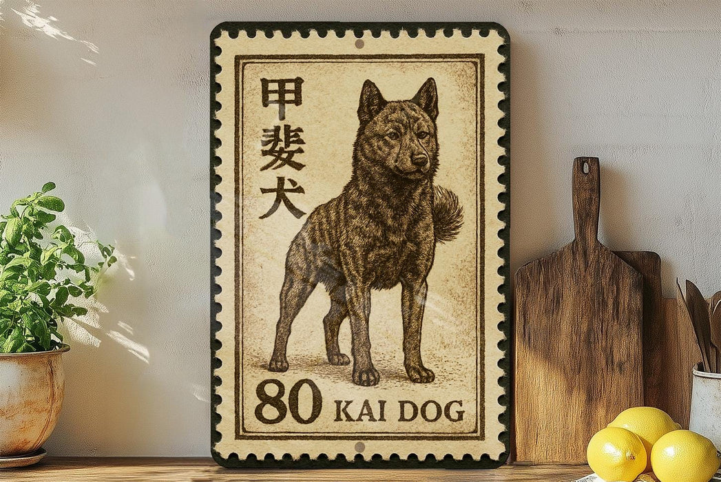 A framed stamp depicting a dog, specifically a kai dog, is displayed on a shelf next to a wooden cutting board and some lemons.