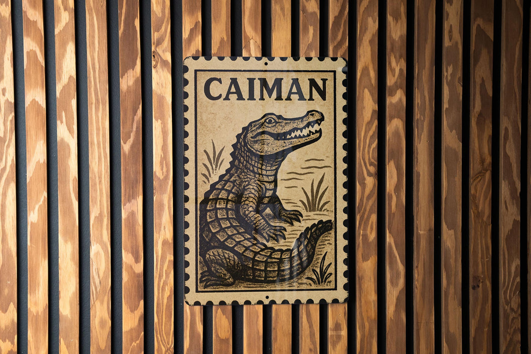 a metal sign with a crocodile illustration on it, mounted on a wooden wall.
