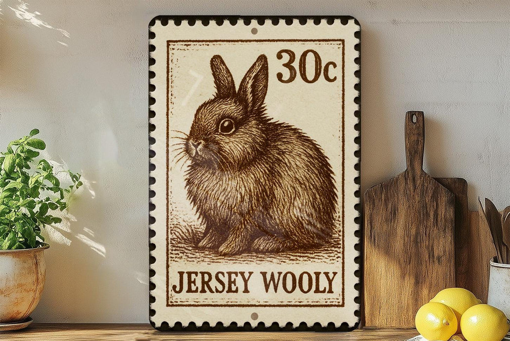 A 30c Jersey Wooly postage stamp is displayed on a wooden shelf, accompanied by a potted plant, a wooden cutting board, and a bunch of lemons.