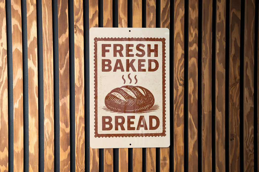 A sign that reads "FRESH BAKED BREAD" with an illustration of a loaf of bread.