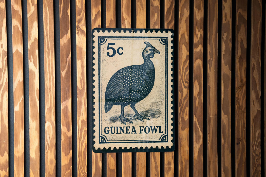 A postage stamp featuring a guinea fowl, with the text "GUINEA FOWL" printed on it.