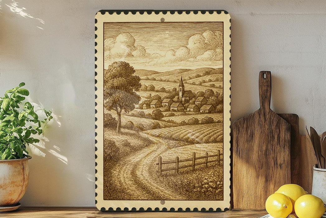 a framed illustration of a rural landscape with a winding road, a church, and a village in the background.