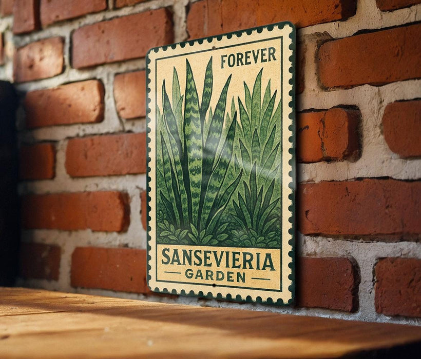 a sign for Sansevieria Garden, which is mounted on a brick wall.