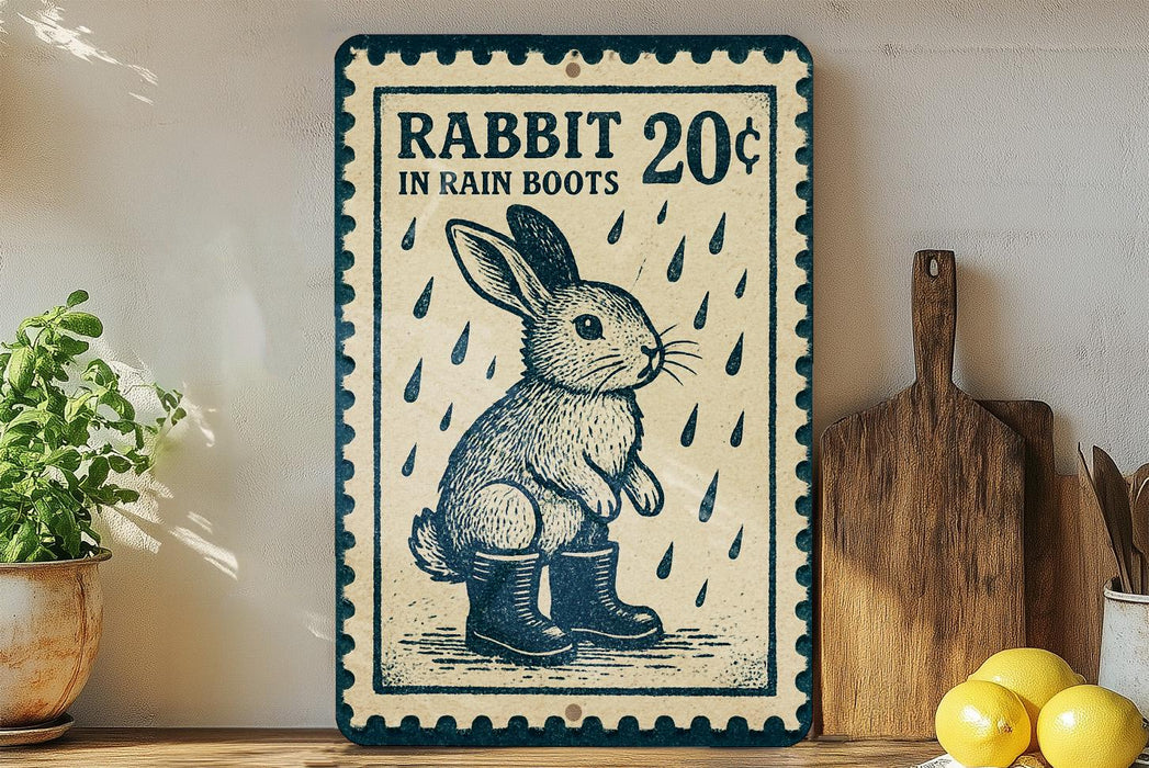 A vintage-style sign advertising "Rabbit 20¢ in Rain Boots" is displayed on a wooden shelf, accompanied by a potted plant and a wooden cutting board.