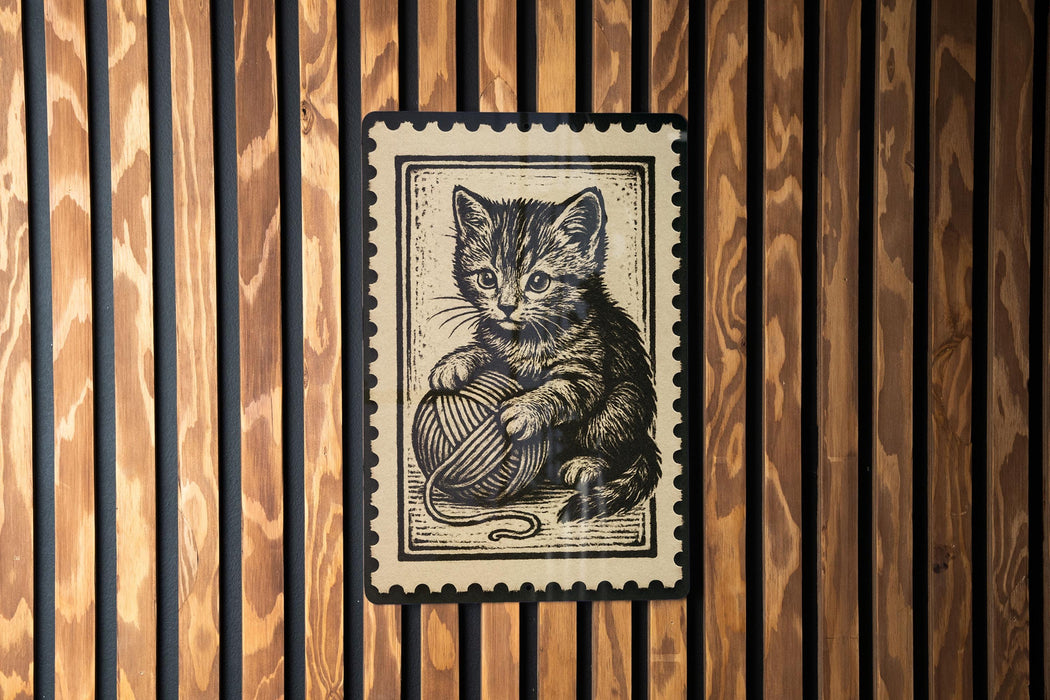 A framed image of a cat sitting on a ball of yarn is displayed on a wooden wall.