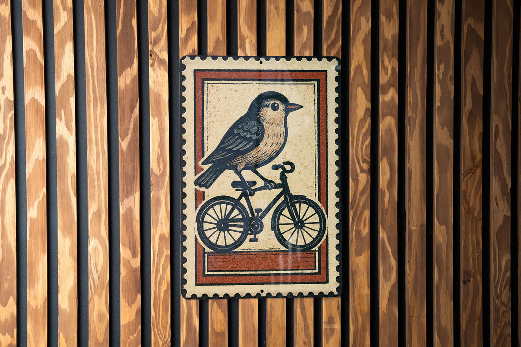 A vintage-style metal stamp depicting a bird riding a bicycle is displayed on a wooden wall.