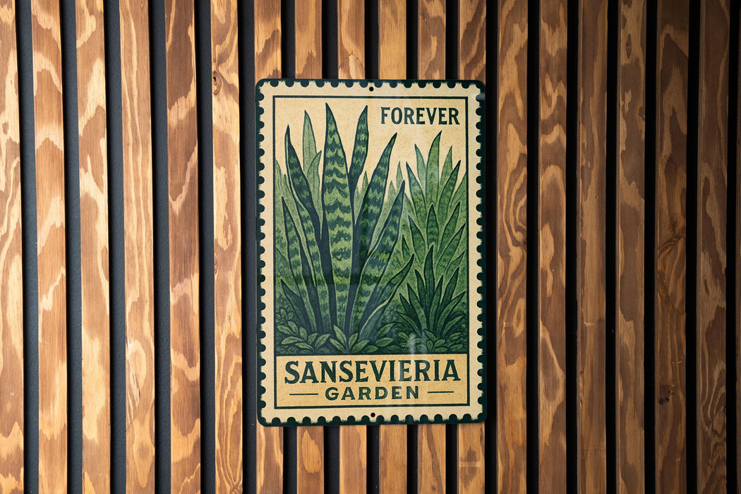a metal sign with a plant illustration, mounted on a wooden wall.