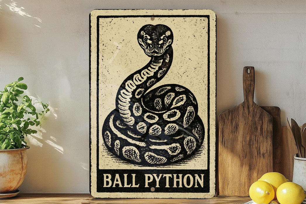 A vintage-style sign featuring a snake, with the text "BALL PYTHON" below it, is displayed on a shelf next to a potted plant and a cutting board.