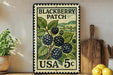A vintage-style stamp depicting a blackberry patch, with the text "BLACKBERRY PATCH" and "USA 5c" printed on it. The stamp is placed on a wooden surface, with a potted plant, a wooden cutting board, and some lemons nearby.