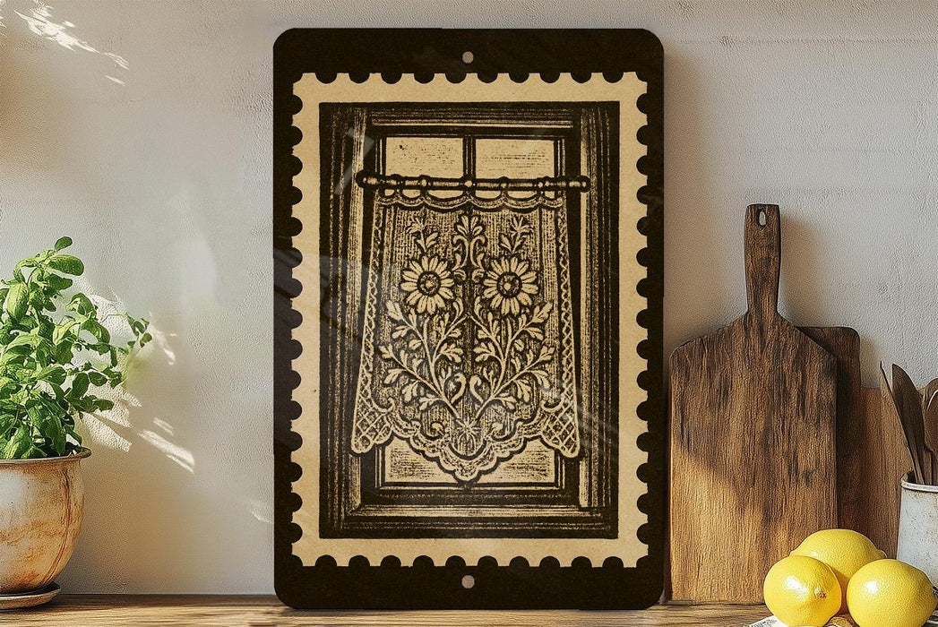 a framed vintage-style illustration of a window with a floral pattern, displayed on a shelf next to kitchen utensils and a potted plant.