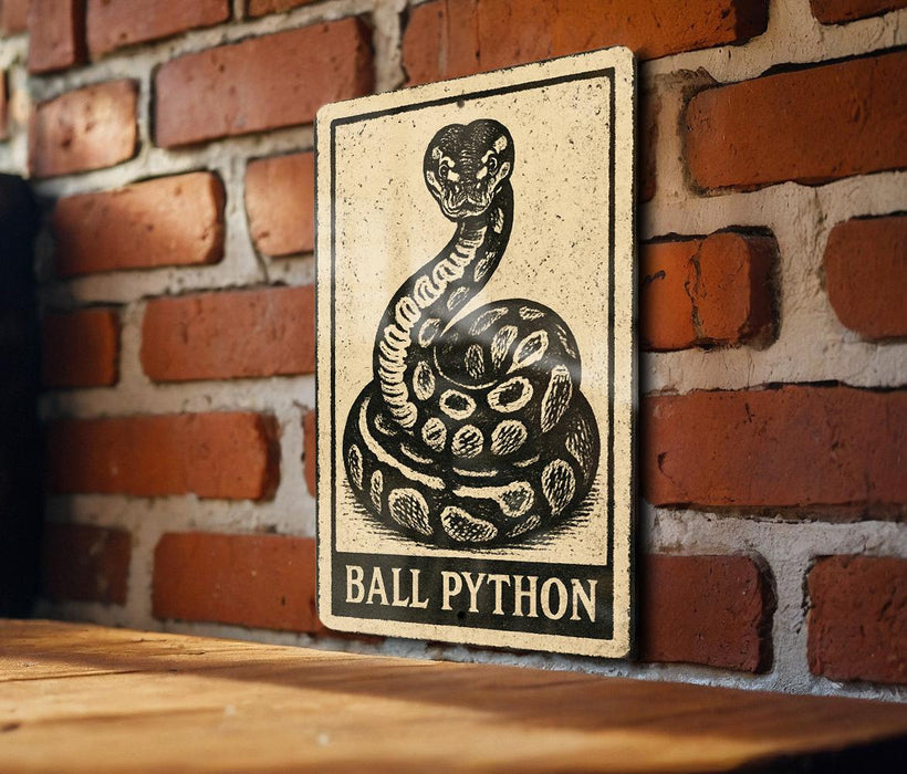 A sign featuring a snake, specifically a Ball Python, is displayed on a brick wall.