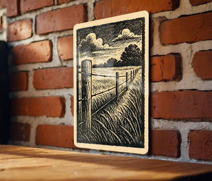 a wooden table with a framed illustration of a field and a fence on the wall behind it.