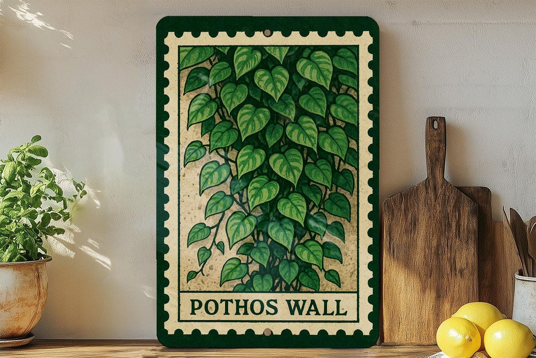 A framed print of a lush green plant with large leaves is displayed on a shelf, accompanied by a wooden cutting board, a potted plant, and some lemons.