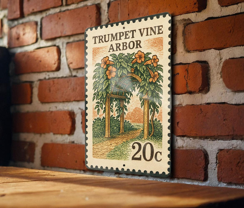 A metal sign with a floral illustration and the text "TRUMPET VINE ARBOR" is mounted on a brick wall.