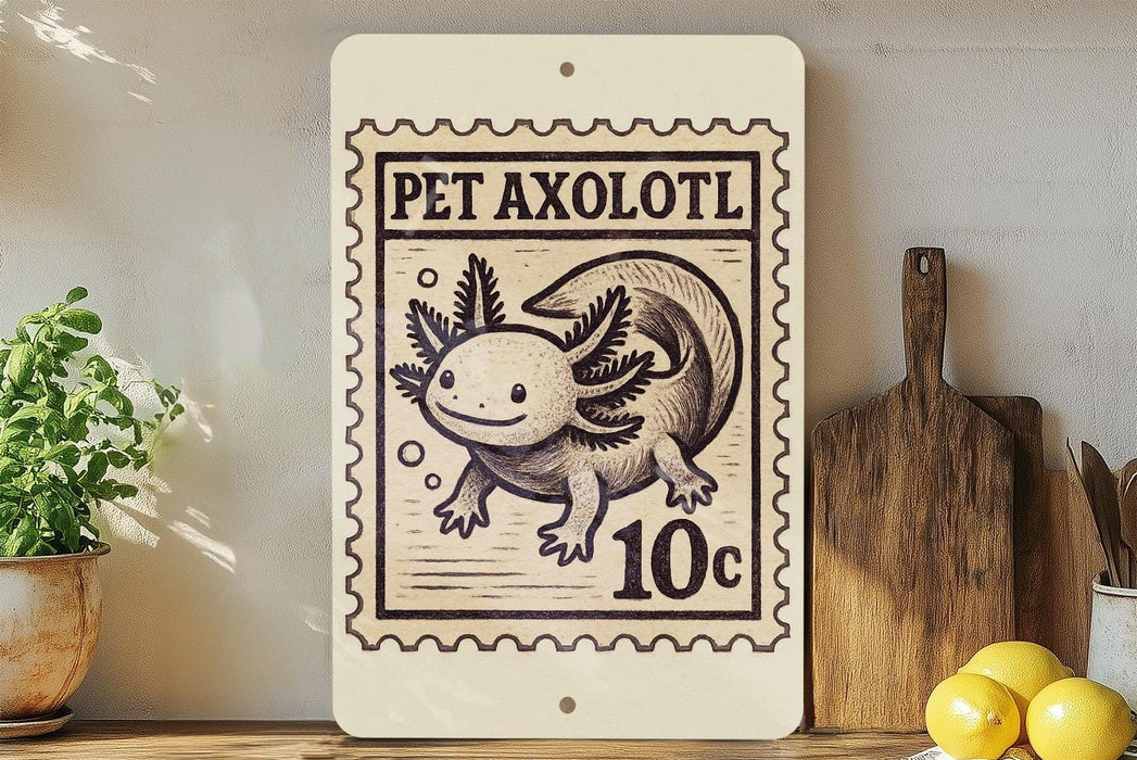 A wooden shelf displaying a wooden cutting board, a potted plant, and a wooden plaque featuring a cartoon axolotl.