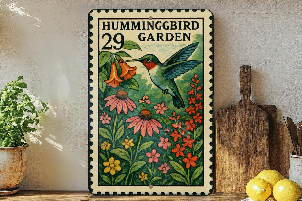 A framed print of a hummingbird surrounded by flowers and plants, with the text "HUMMINGGBYARD 29 GARDEN" on the frame.