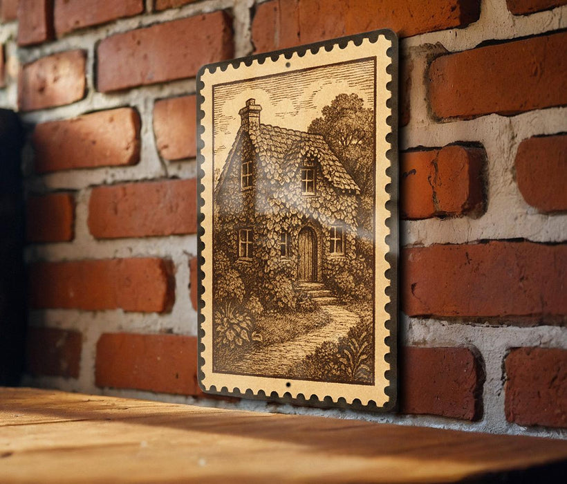 A wooden table with a framed illustration of a quaint cottage on a brick wall.