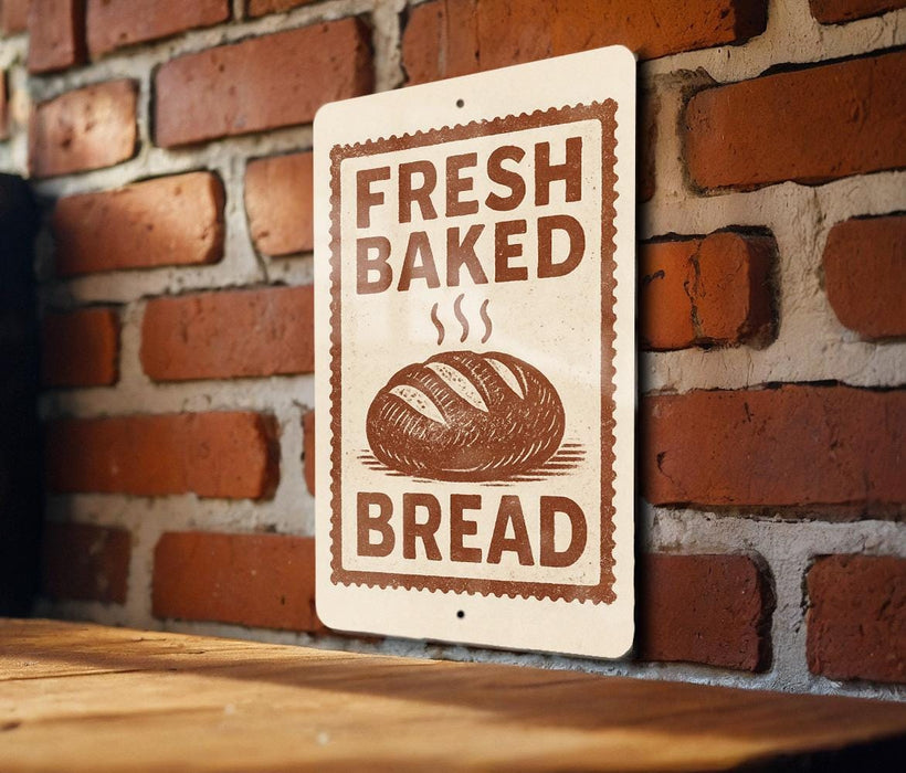 A sign on a brick wall that reads "FRESH BAKED BREAD".