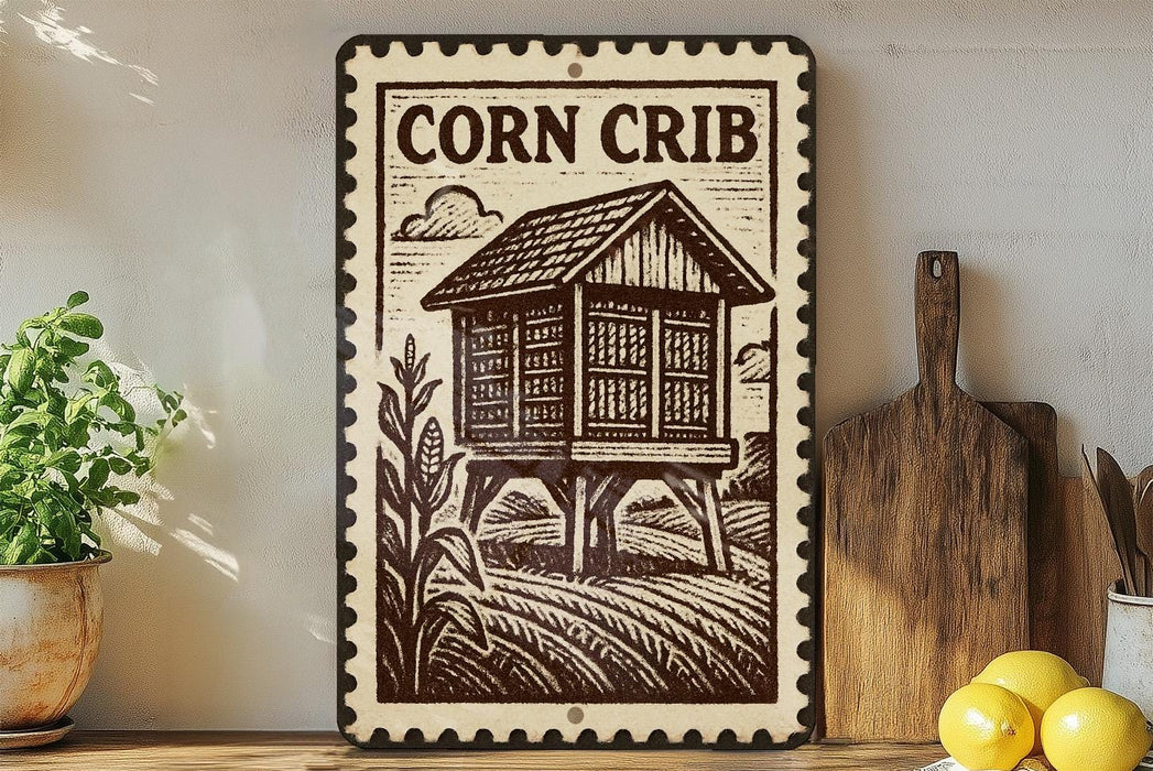 a wooden sign with a picture of a crib, placed on a wooden shelf next to a potted plant and a wooden cutting board.