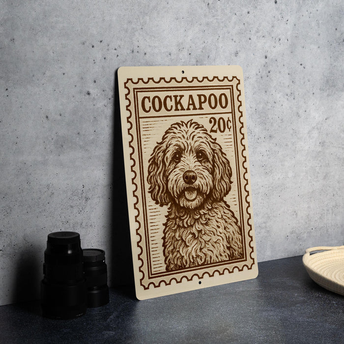 A metal sign featuring a dog illustration, with the text "COCKAPOO 20¢" printed on it, is displayed on a table next to some black camera lenses.