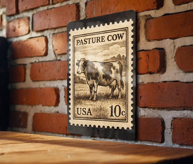 A vintage-style stamp depicting a cow, mounted on a brick wall.