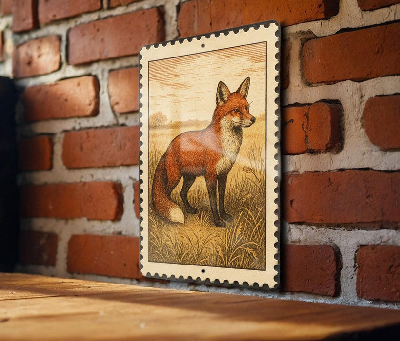 a framed illustration of a fox standing in a grassy field.