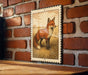 a framed illustration of a fox standing in a grassy field.