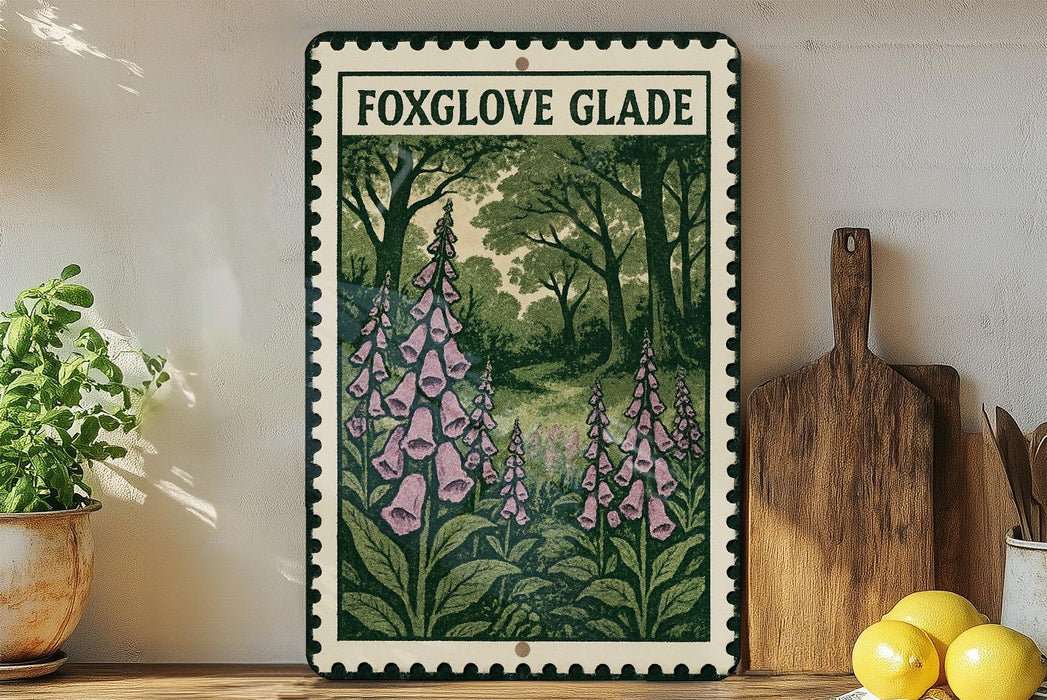 a framed illustration of pink bell-shaped flowers, with the text "FOXGLOVE GLADE" above the illustration. The frame is placed on a wooden surface, with a potted plant to the left and a wooden cutting board to the right.