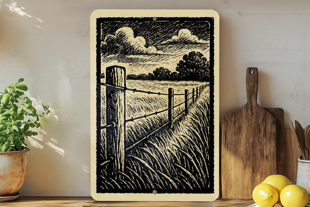 a wooden fence with a field and trees in the background, accompanied by a wooden cutting board and a potted plant on a shelf.