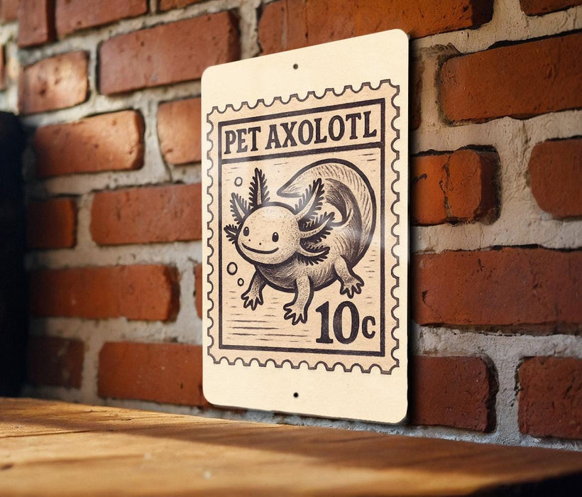 A sign featuring a cartoon axolotl, a type of salamander, with the text "PET Axolotl" printed on it.
