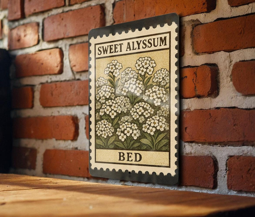 A vintage-style metal sign with a floral design is mounted on a brick wall, featuring the text "SWEET ALYSSUM BED".